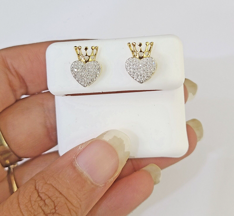 10k Yellow gold Crown Heart Earring Real Diamond screw-back Women Men studs