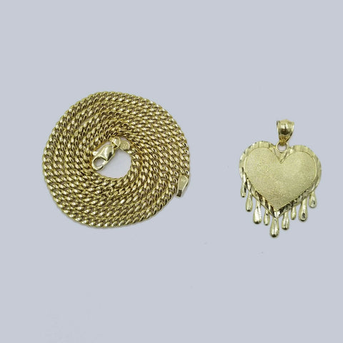 10K Yellow Gold Miami Cubin Link Chain Dripping Heart Diamond Cut Pendant