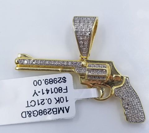 10K Yellow Gold Real Diamond Military Gun Pendant 1 Inch Gun Charm