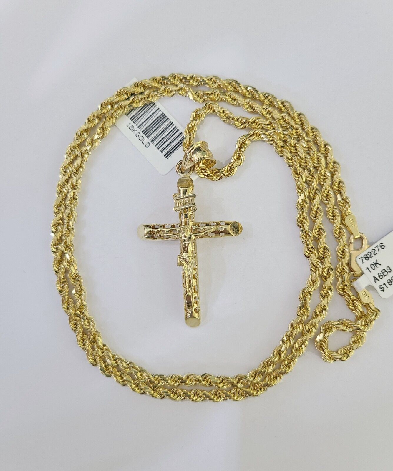 10k Gold INRI Jesus Pendant Rope Chain 3mm 26'' Necklace Set Real Genuine