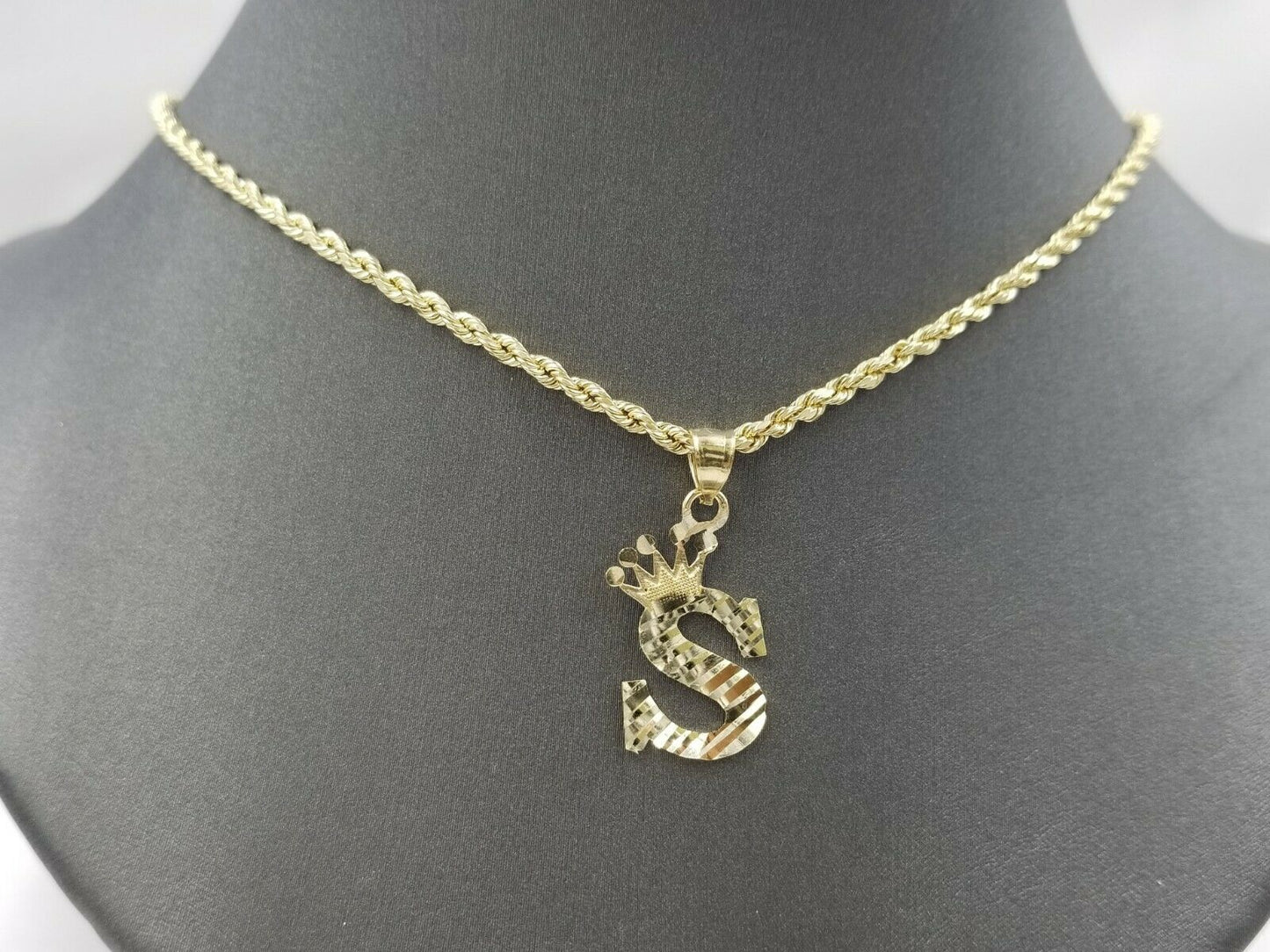 10k Initial Yellow Gold Crown A-Z Alphabet Charm Diamond Cut Pendent Men Women