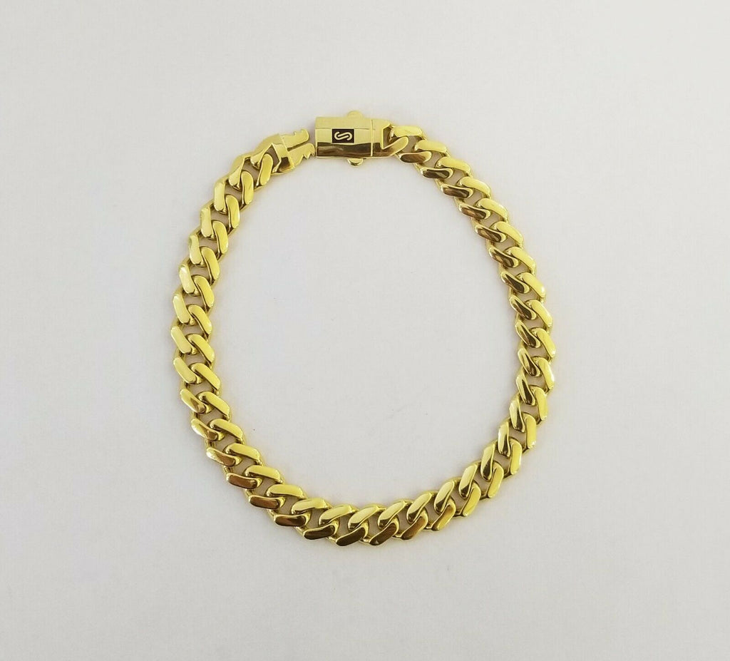Monaco Chain Miami Cuban Royal Plain Link Bracelet Lock 10K Yellow Gold - Hollow