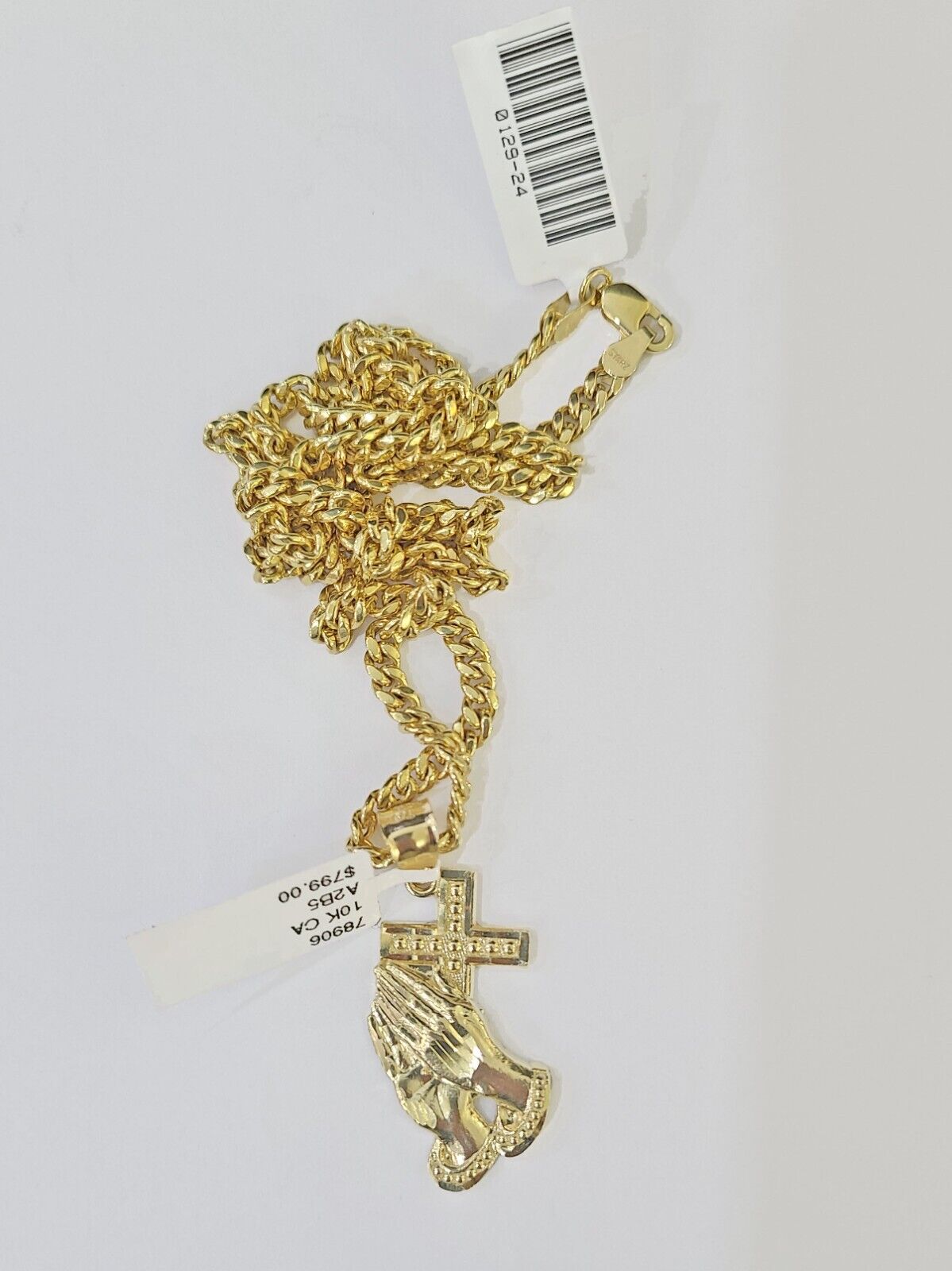 10k Yellow Gold Miami Cuban Chain & Praying Hands Cross Charm SET 3mm 22 Inches