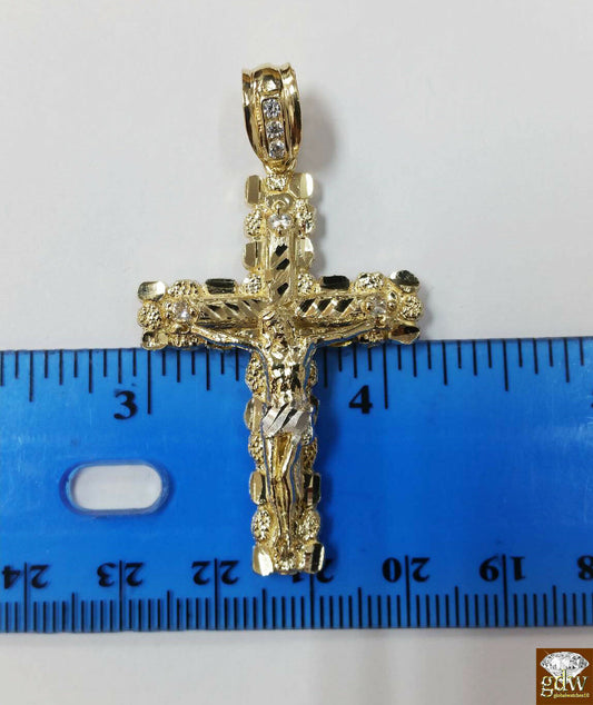 Real 10k Yellow Gold Figaro Chain With 10k Jesus Cross pendant, 20"-28" Necklace