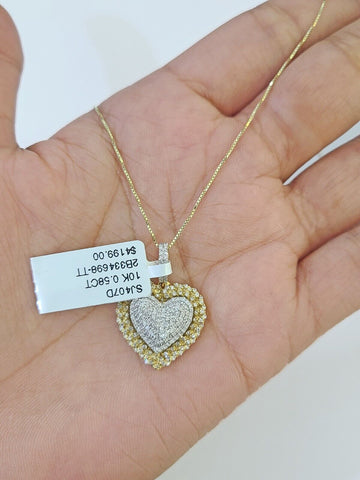 Real 10k Yellow Gold Heart Diamond Pendant Box Chain Necklace Set Women