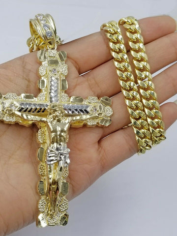 Real 10k Yellow Gold Men Jesus Cross Charm with Miami Cuban Chain in Diamond Cut