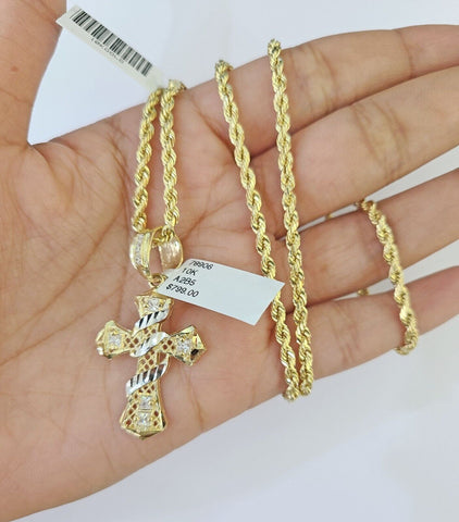 10k Gold Spiral Cross Charm Rope Chain 3mm 20'' Set Yellow Diamond Cut Real