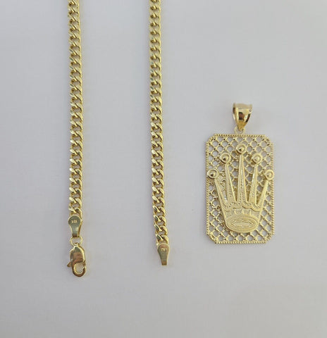 10K Yellow Gold Crown Pendent 4mm  18" 20" 22"24"26" Inch Miami Cuban Chain