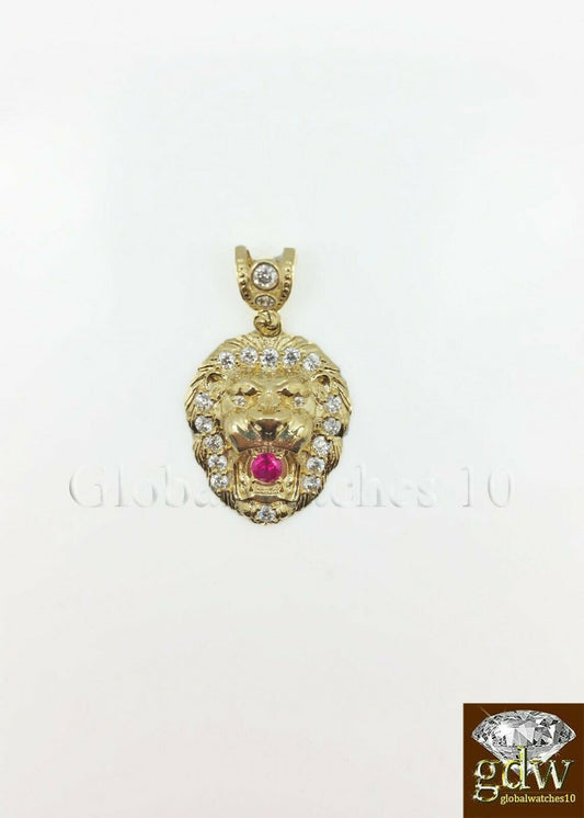 Real Gold Pendant 10 k Yellow Gold Lion Head Men's Charm 1.5" for Men Women Ruby