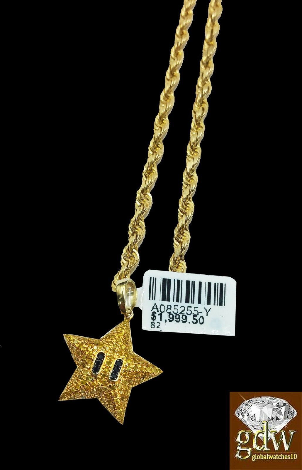 Real 10k Yellow Gold Diamond Star Emoji Charm with 26 Inch 3mm Rope Chain