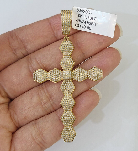 Real 10k Yellow Gold Diamond Cross Charm Men Women Pendant Genuine 2.5"