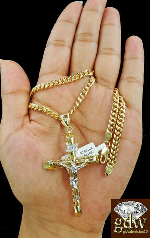 Real 10k Yellow Gold Jesus Cross Charm/Pendant with 26 Inch Miami Cuban Chain.