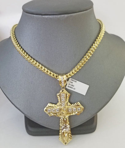 Real 10k Gold Franco chain & Cross Charm 10kt Pendant Necklace 24" 4mm SET
