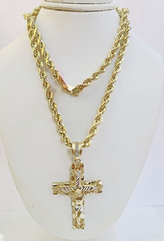 14k Yellow Gold Rope Chain & Nugget Cross Charm Pendent SET 5mm 20 Inch Necklace
