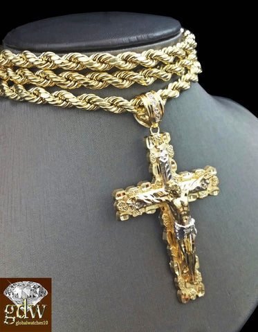 10k Real Gold Cross Charm Pendant 6mm Rope Chain Set 18"