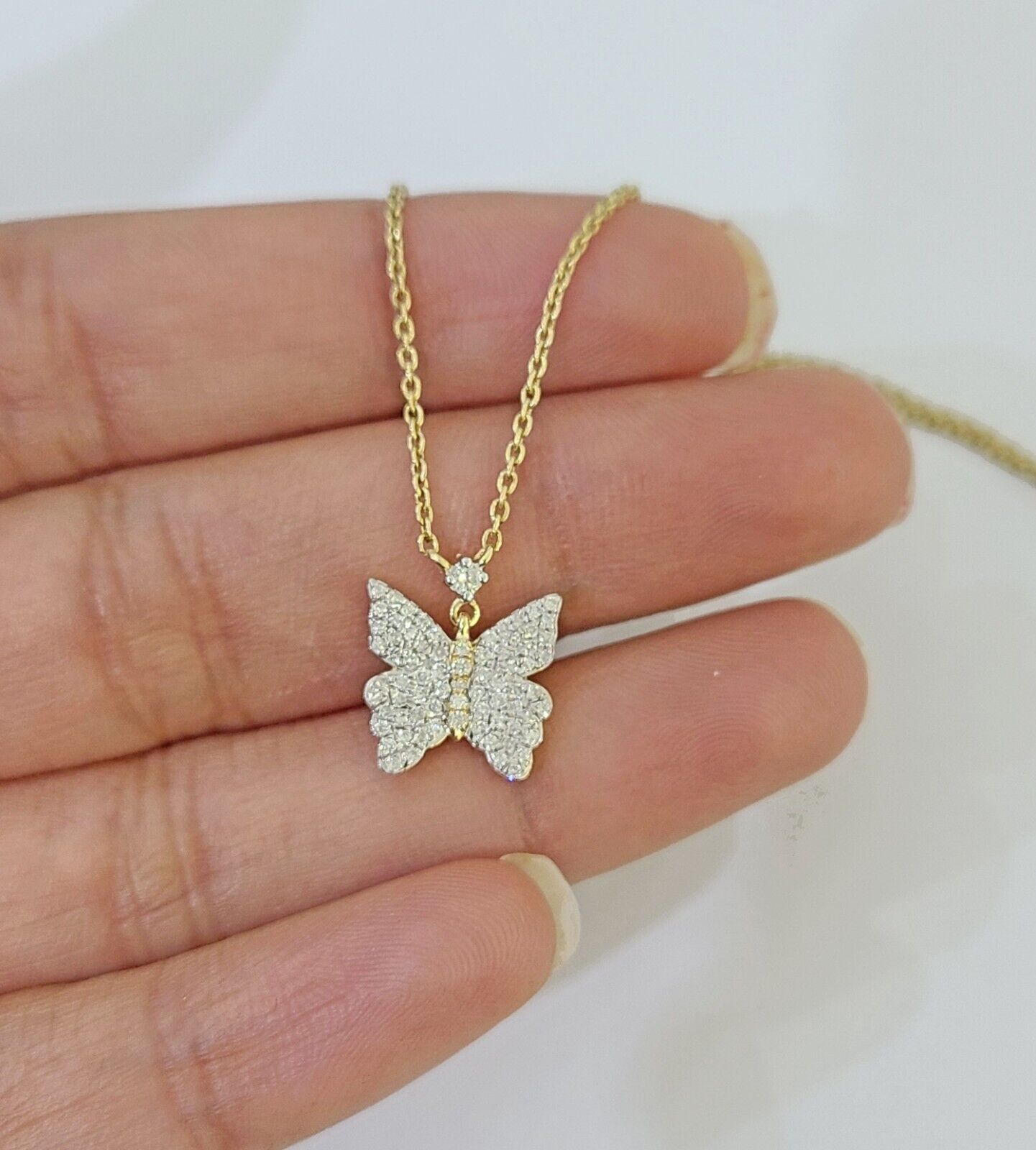 Real 10k Yellow Gold Butterfly Diamond Pendant Chain Necklace Set Women