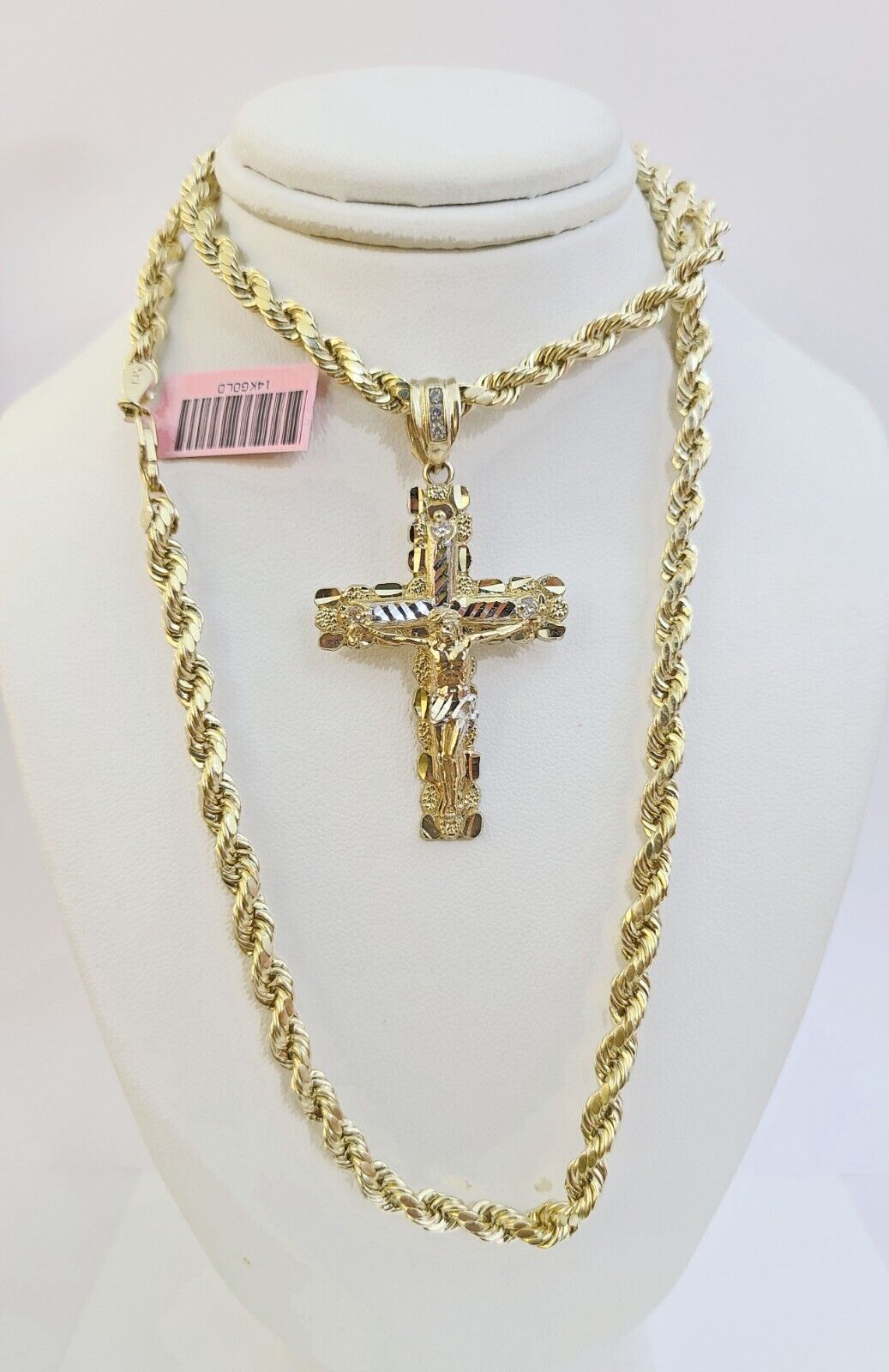 14k Yellow Gold Rope Chain & Nugget Cross Charm Pendent SET 5mm 26 Inch Necklace