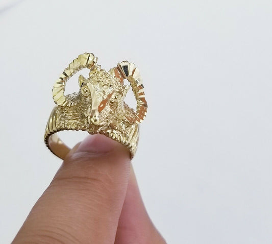 Real 10k Yellow Gold Antler Deer Head Mens Horn Goat Head Ring Diamond Cut