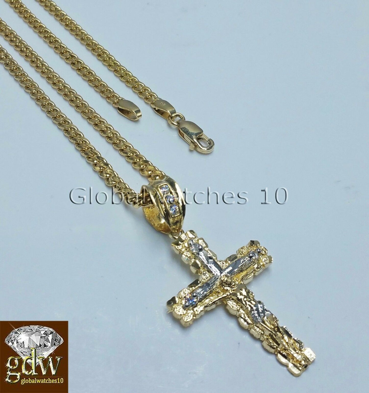 10k Yellow Gold Jesus Cross Charm Pendant 26" Miami Cuban Chain Necklace