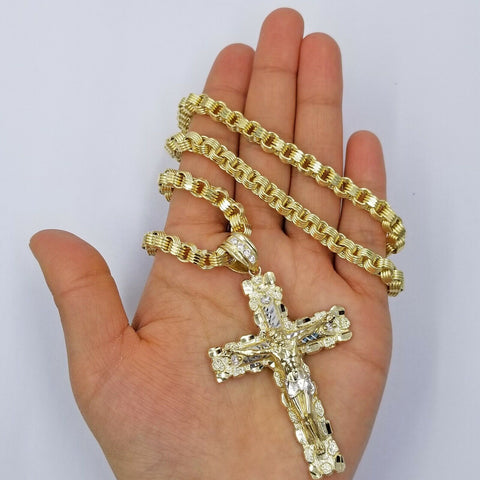 10k Gold Byzantine 24" Necklace Jesus Nugget Cross Pendant 3" Charm 5mm Chain