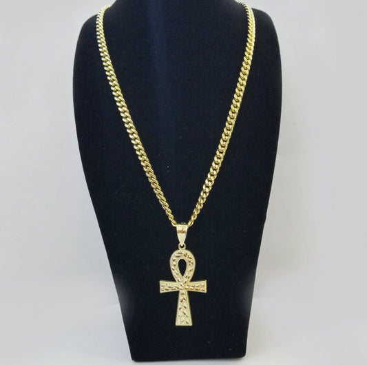 Real 10k Yellow Gold Men Jesus Cross Charm with 20" Inch 6mm Miami Cuban Chain