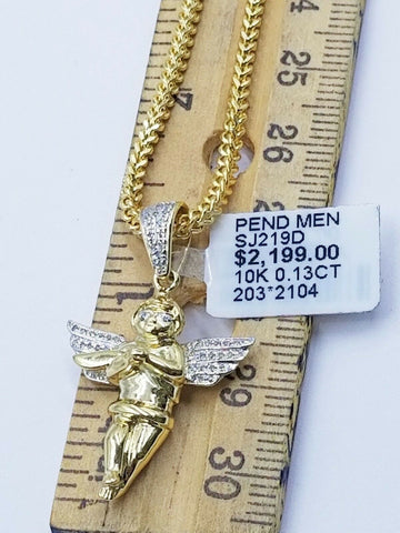 Real 10k Gold Angel Charm Praying Diamond Pendant 3mm Chain in 20 22 24 26"
