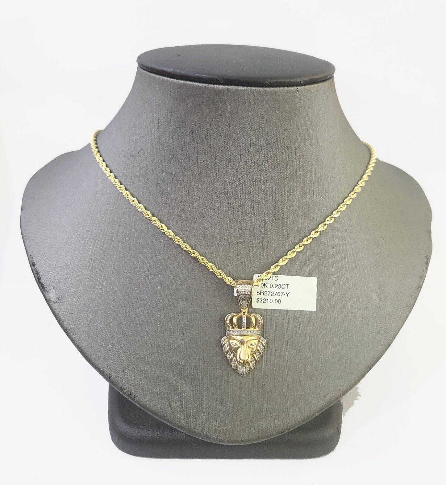 10k Gold Lion Head Diamond Charm and 2.5mm 26 Inches Rope Chain