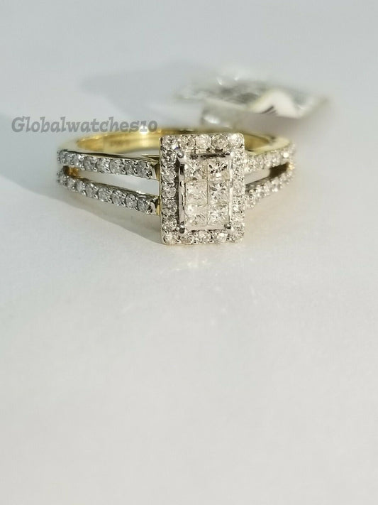 Ladies Diamond Ring Solid 14k Yellow Gold Real Diamonds Princess Cut Halo Design