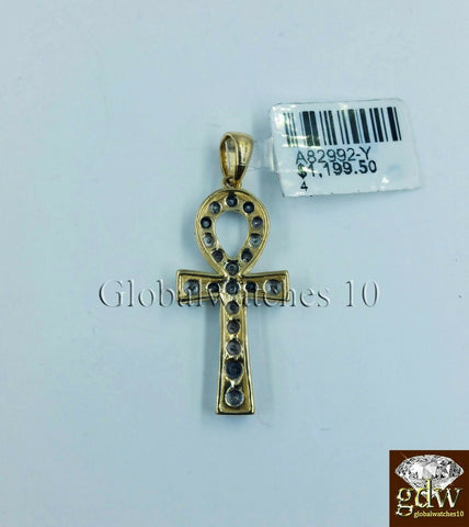 10k Yellow Gold Ankh Cross 1.5" Inch Charm/Pendant with Real Diamond, Jesus.