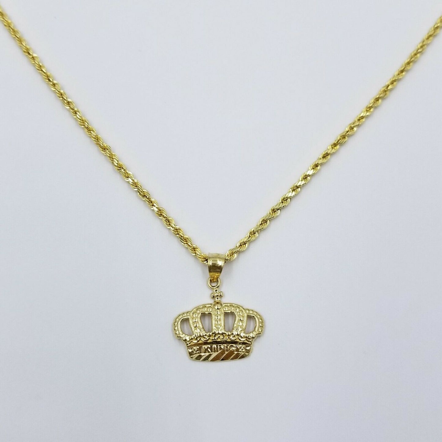 10K Yellow Gold King Crown Charm Pendant Rope Chain 18 20 22 24 26 Inch 3mm