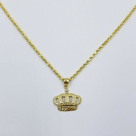 10K Yellow Gold King Crown Charm Pendant Rope Chain 18 20 22 24 26 Inch 3mm