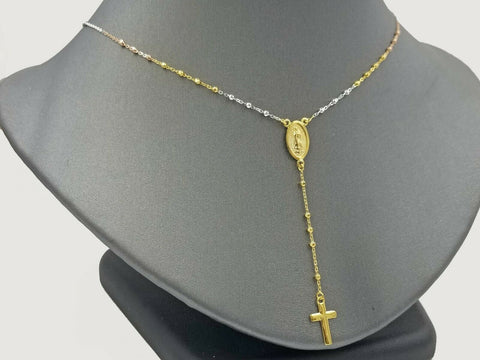 14k trio-color Gold Rosary Necklace Ladies Chain Cross Pendant Virgin MarryReal