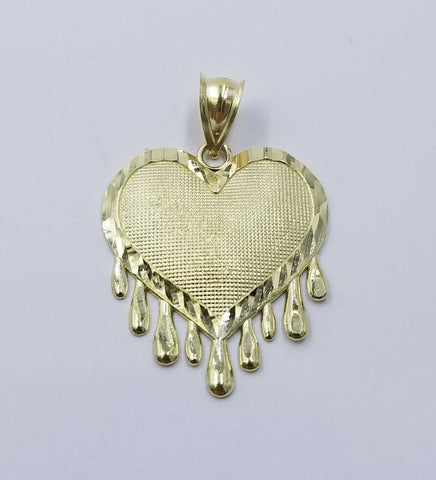 10k Yellow Gold 2.5mm Rope Chain Necklace Dripping Heart Diamond Cut Pendant
