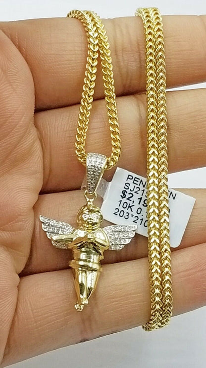 Real 10k Gold Angel Charm Praying Diamond Pendant 3mm Chain in 20 22 24 26"