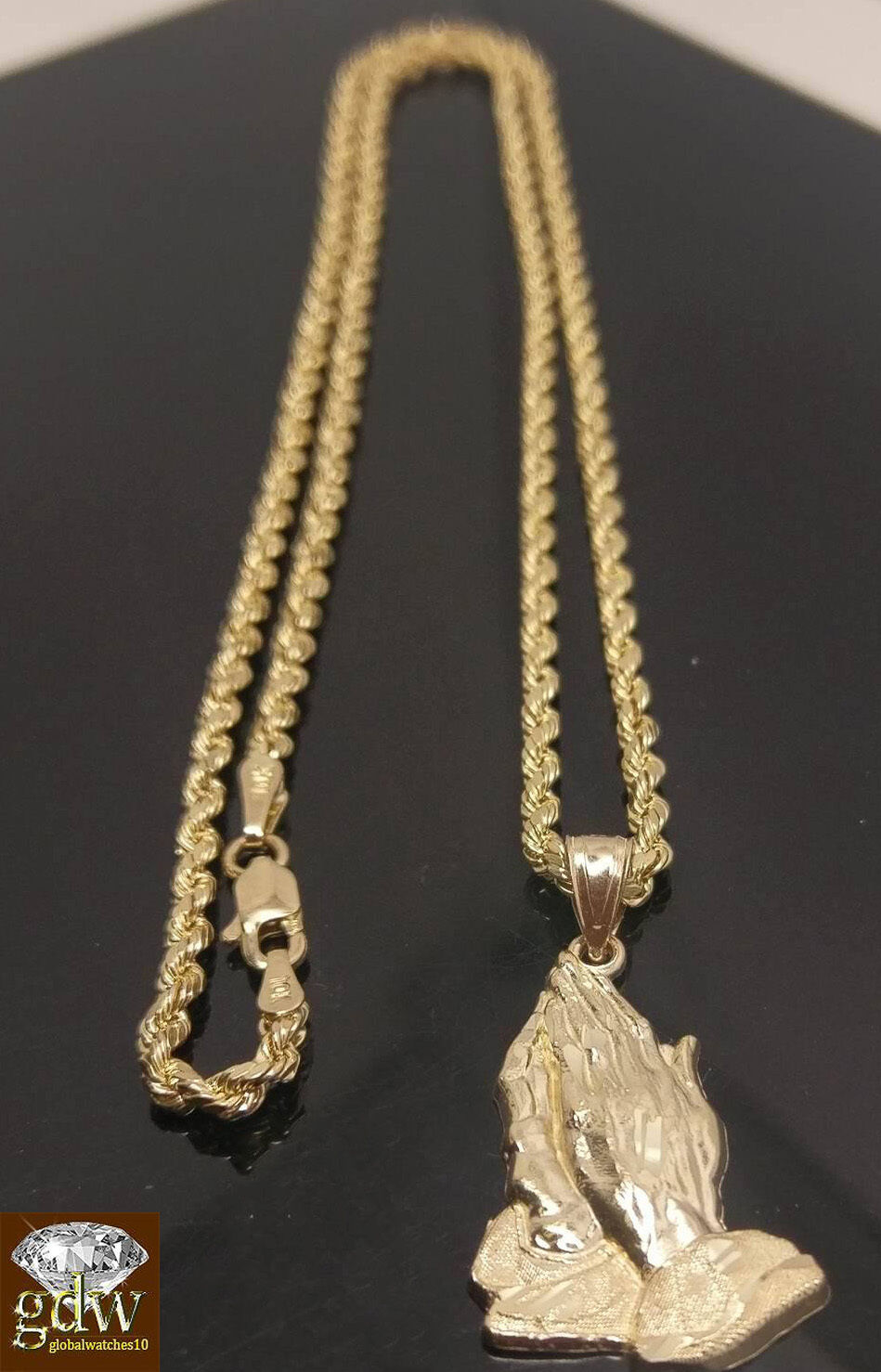 Real 10k Yellow Gold 2.5 mm 24" Rope Chain & Praying Hand Charm Pendent Cross N