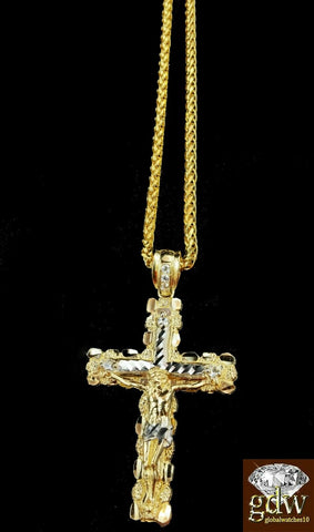Real 10k Yellow Gold Mens Jesus Cross Charm Pendant with 22 Inch Long Palm Chain