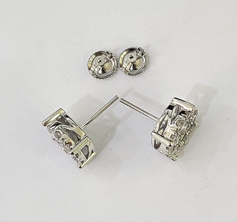 10k White gold Flower Earrings Real Diamond screw-back Women Men Studs