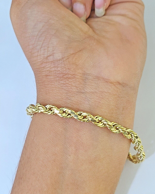 Real 14k Yellow Gold Rope Bracelet 5mm 8 Inch Men women diamond Cut