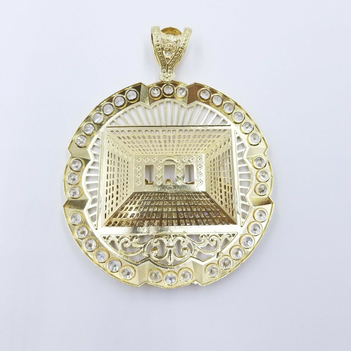 10k Yellow Gold Apostles Last Supper Round Pendant Diamond Cut Men's 3.75" 75mm