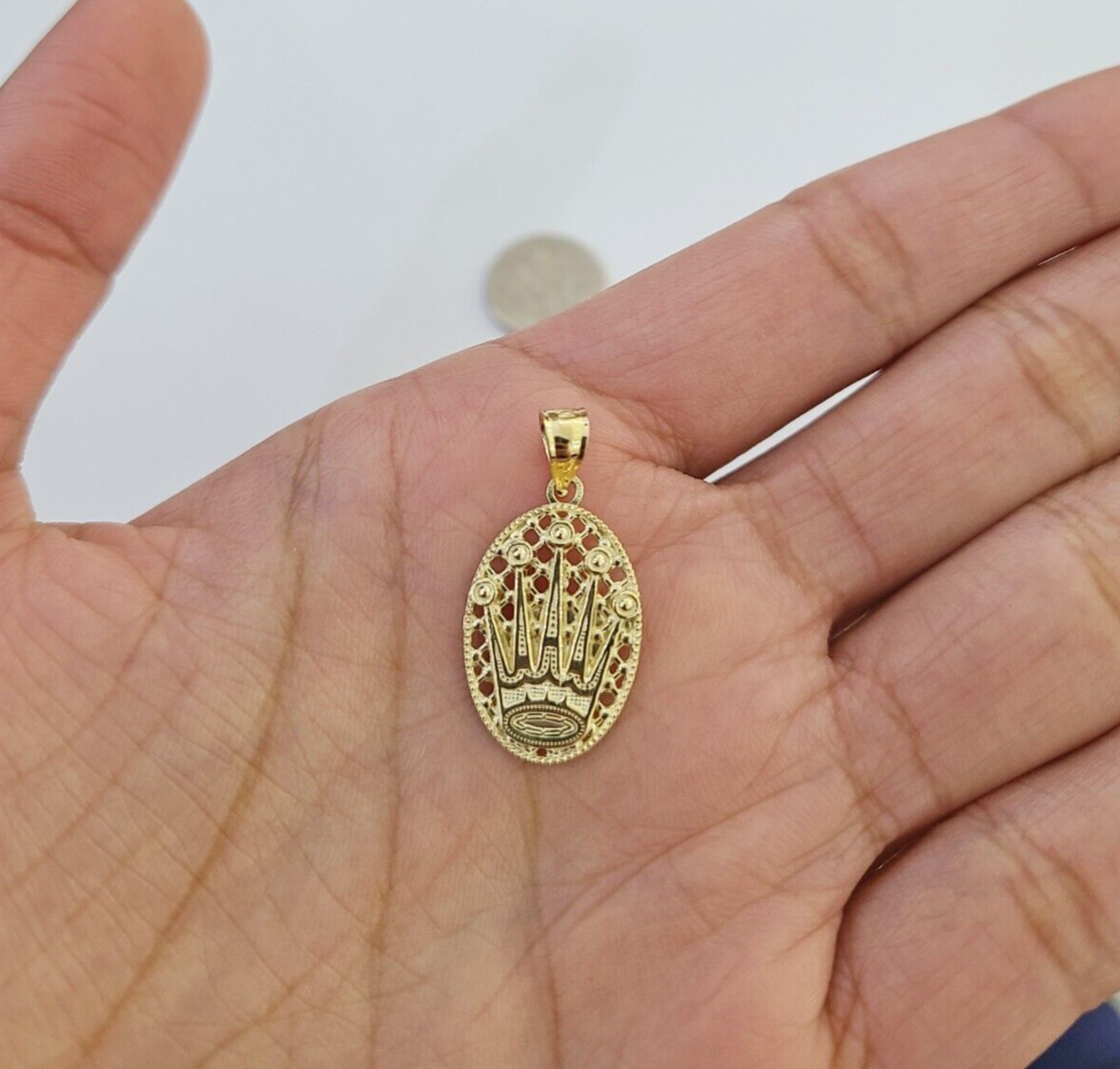 10K Real Yellow Gold Crown Circular Charm Pendant Gold 10kt