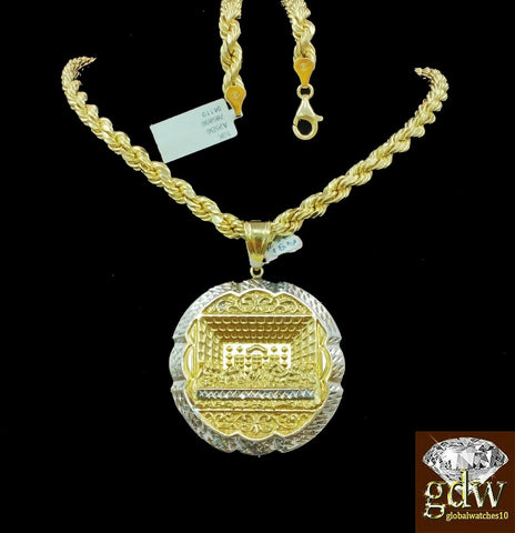 Real 10k Yellow Gold Last Supper Charm Pendant with 26 Inch Rope Chain