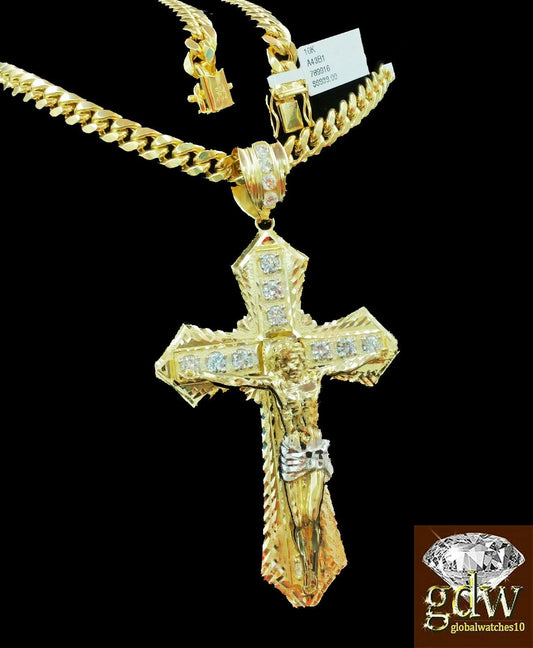 Real 10k Yellow Gold Men's Jesus Charm/Pendant with 26 Inch Miami Cuban Chain.