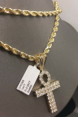 New 14k Yellow Gold Cross 3.28 Ct Round Diamonds&10K Yellow Gold Rope Chain 28"