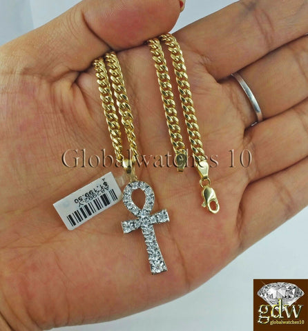10k Gold Diamond Ankh Cross Charm with 28" Inch 3mm Miami Cuban Chain Jesus