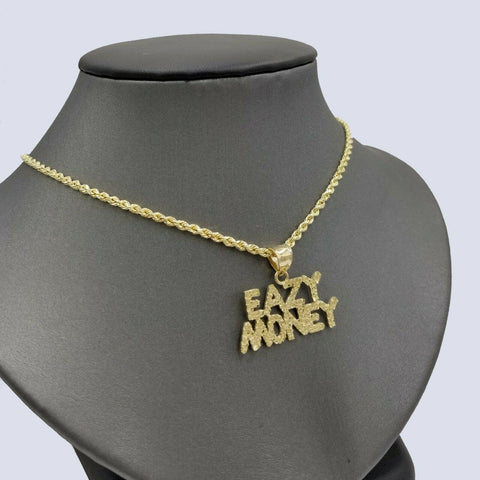 10k Yellow Gold Easy Money Sign Pendant with Rope Chain Nuggets Design 18"