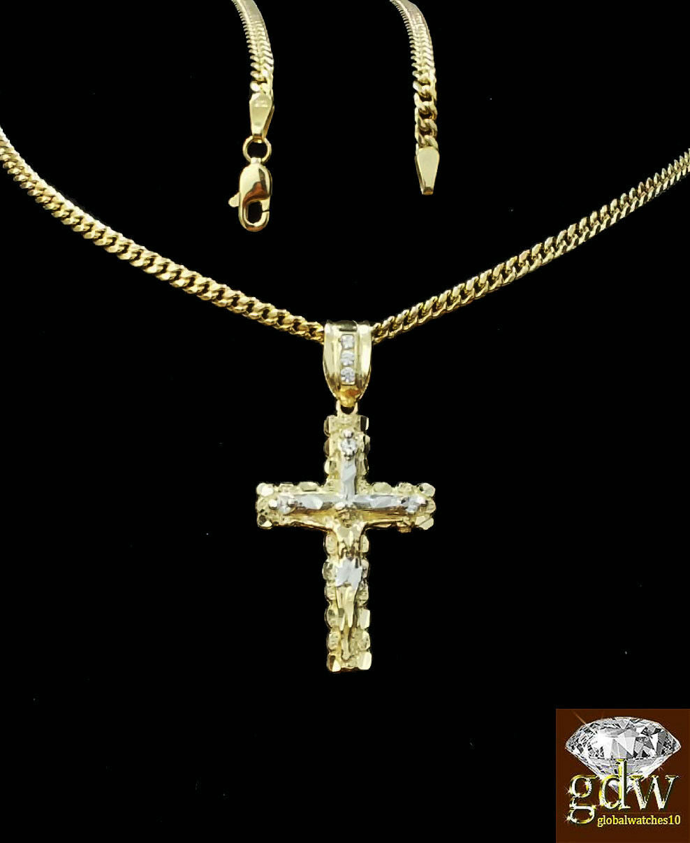 Real 10k Yellow Gold Cross Jesus Charm Pendant Miami Cuban 24" Necklace