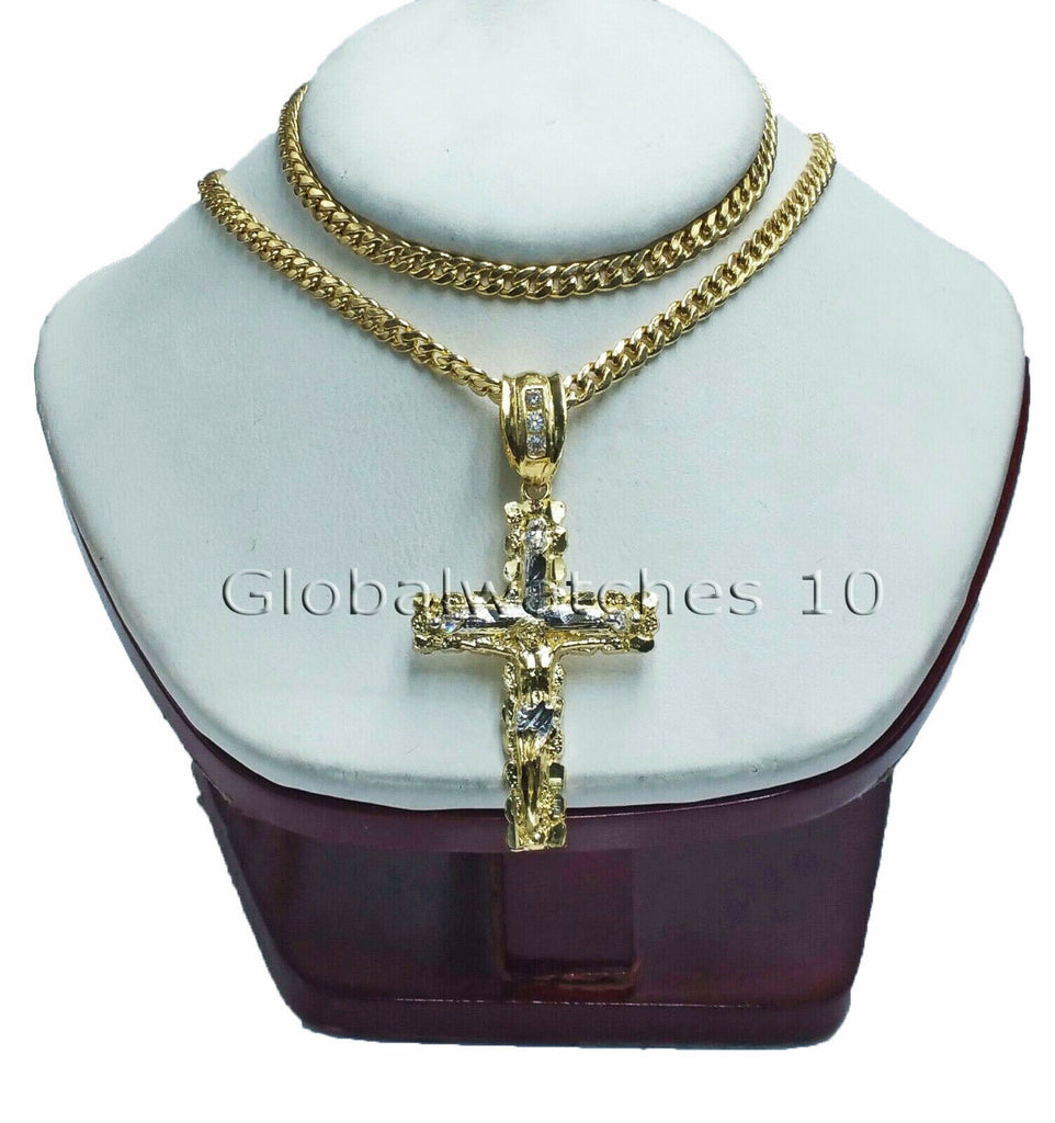 10k Yellow Gold Jesus Cross with  5mm 26" Miami Cuban Chain Necklace