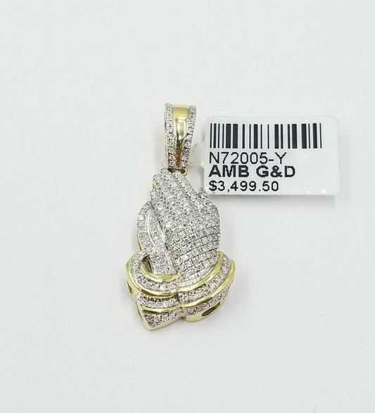 REAL 10K Yellow Gold Praying Hands Diamond Pendant Pave Charm 0.48CT 1.25"