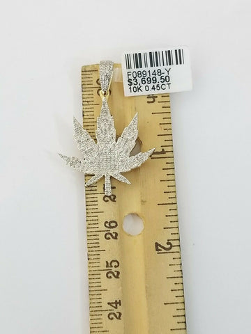 10K Real Yellow Gold Marijuana Leaf Charm Pendant Genuine Diamonds High Weed