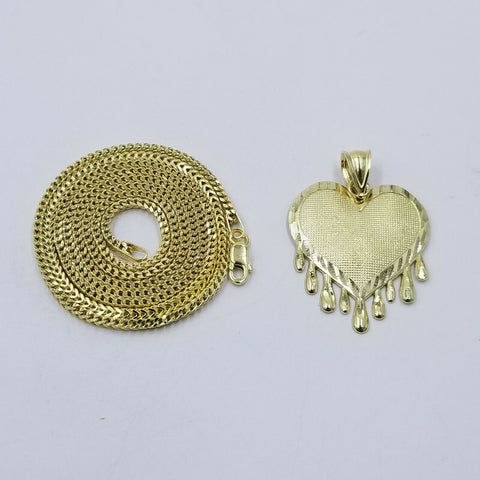 Real 10k Yellow Gold Charm Pendant Dripping heart with Franco Chain 22" 2mm
